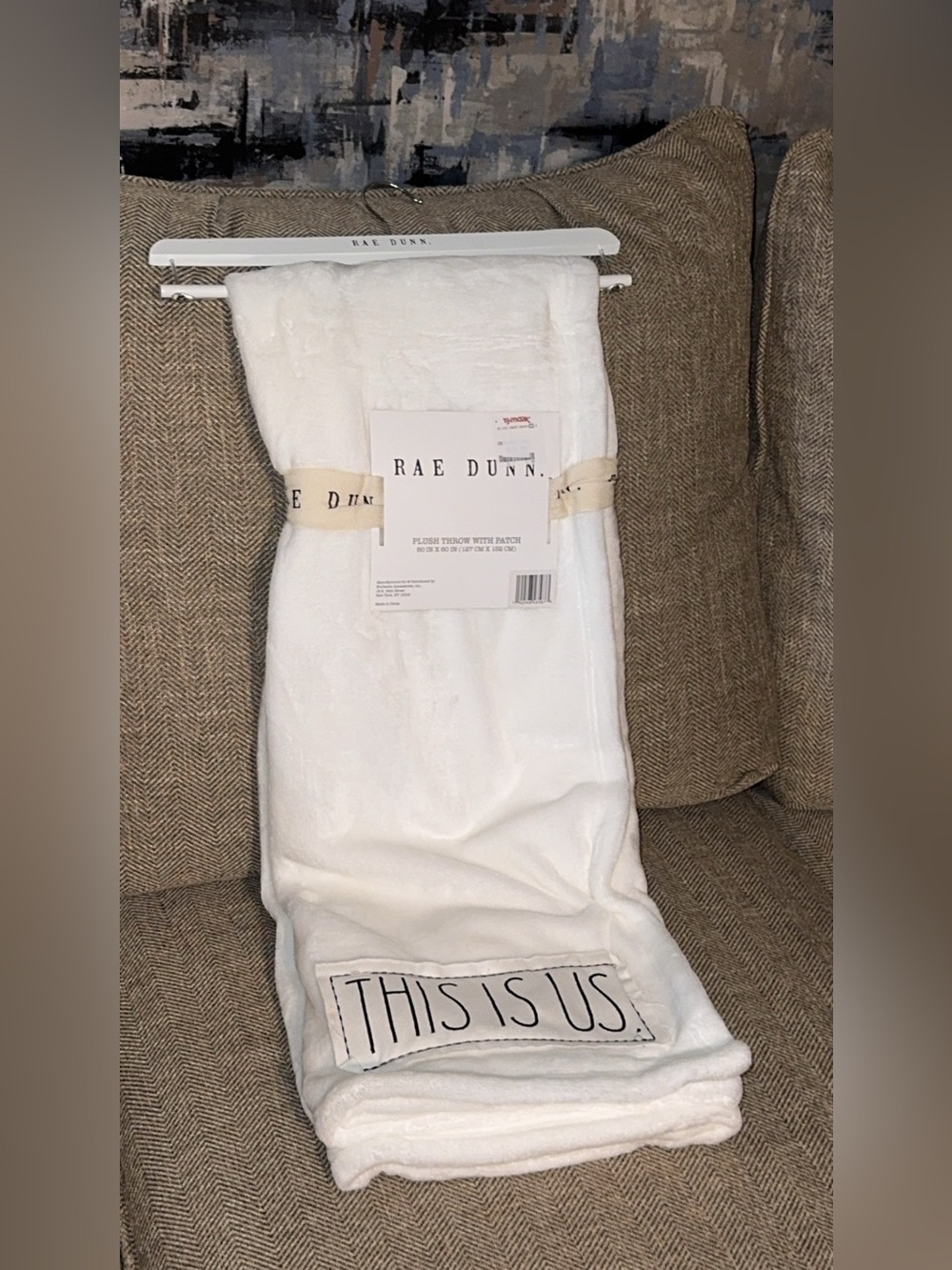 NWT Rae Dunn "This Is Us" White Patch Plush Throw Blanket 50x60
